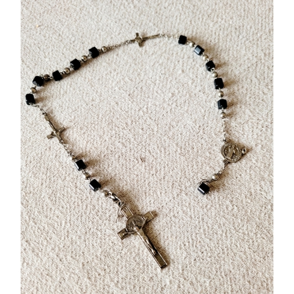 Rosary with Pectoral Silvertone Crucifix and Black Beading